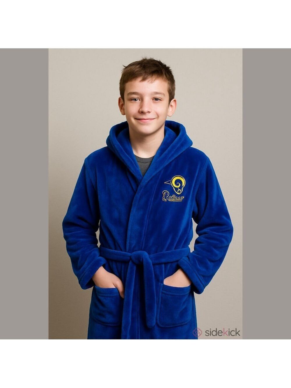 Blue RAMS Hooded Bathrobe, Size Youth, PTP 20”, Length 32”,  plush, (T4)